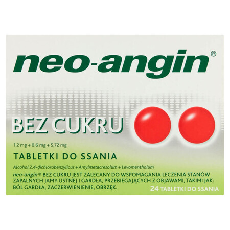 Neo-Angin without sugar 1.2 mg + 0.6 mg + 5.72 mg, 24 tablets