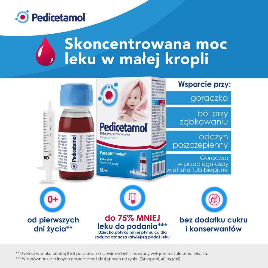 Pedicetamol 100 mg/ml, Lösung zum Einnehmen für Kinder und Säuglinge ab Geburt, 60 ml