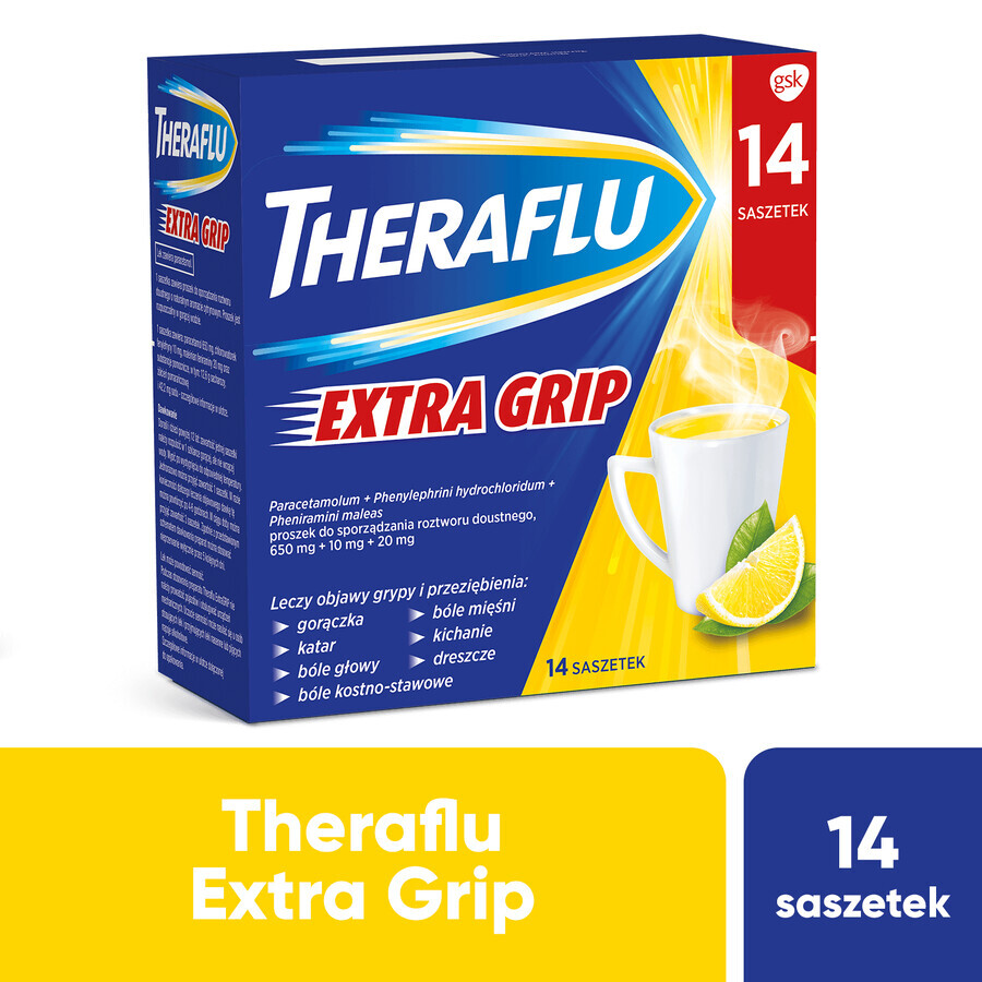 Theraflu Extra Grip 650 mg + 10 mg + 20 mg, Pulver zum Einnehmen, 14 Beutel