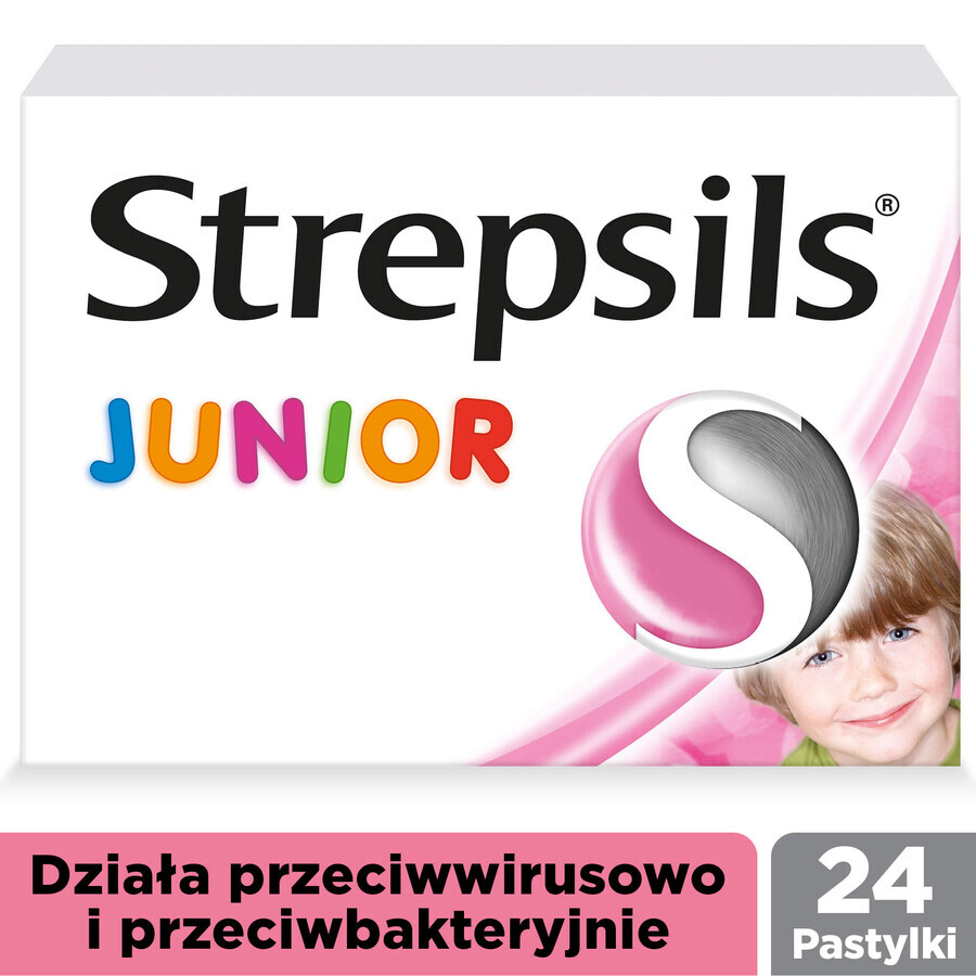 Strepsils Junior 1,2 mg + 0,6 mg, zuckerfrei, Erdbeergeschmack, 24 Lutschtabletten