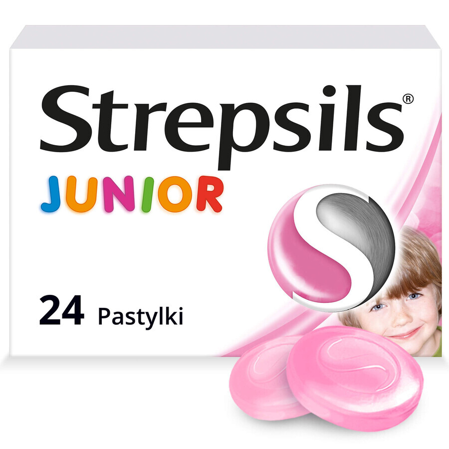 Strepsils Junior 1,2 mg + 0,6 mg, zuckerfrei, Erdbeergeschmack, 24 Lutschtabletten