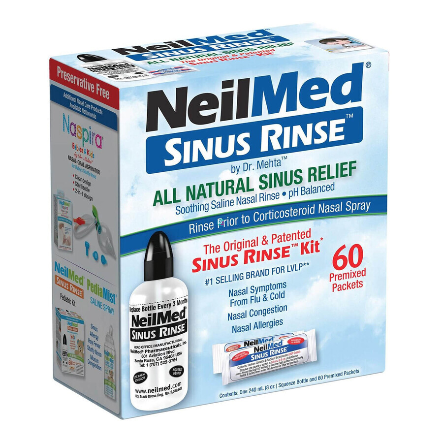 Sinus Rinse Kit, Set zur Spülung der Nasennebenhöhlen für Erwachsene, 240 ml Flasche + 60 Beutel