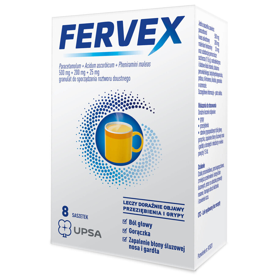 Fervex 500 mg + 200 mg + 25 mg, Granulat zum Einnehmen, Zitronengeschmack, 8 Beutel