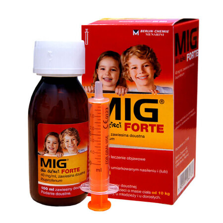 MIG voor kinderen Forte 40 mg/ml, orale suspensie vanaf 1 jaar, aardbeiensmaak, 100 ml