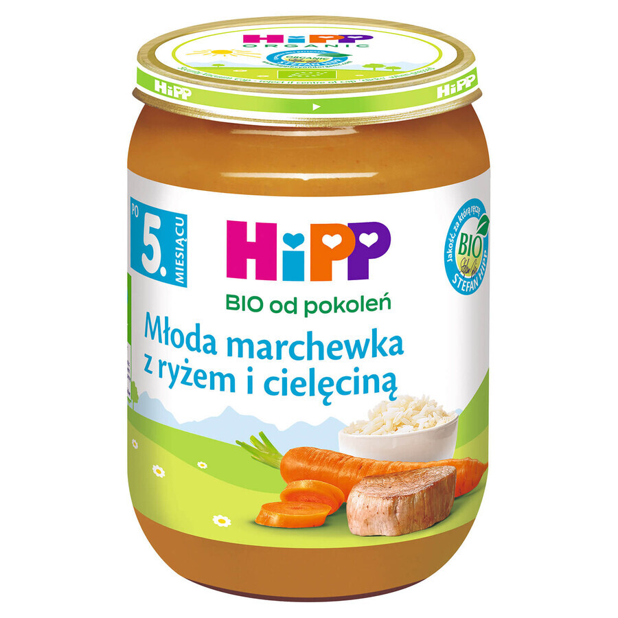 HiPP Bio dish Morcovi tineri cu orez și vițel, după 5 luni, 190 g