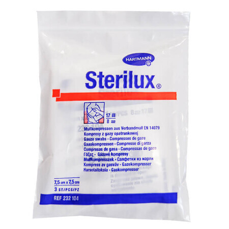 Sterilux, sterile Mulltupfer, 17-fädig, 8 Lagen, 7,5 cm x 7,5 cm, 3 Stück