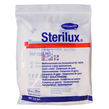 Sterilux, tamponi di garza sterili, 17 fili, 8 strati, 10 cm x 10 cm, 3 pz.