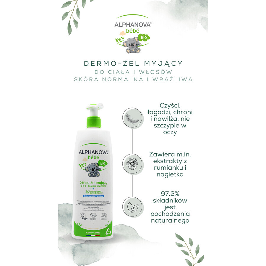 Alphanova Bebe, dermo-gel pentru spălarea corpului și părului, natural, cu pompă, 500 ml