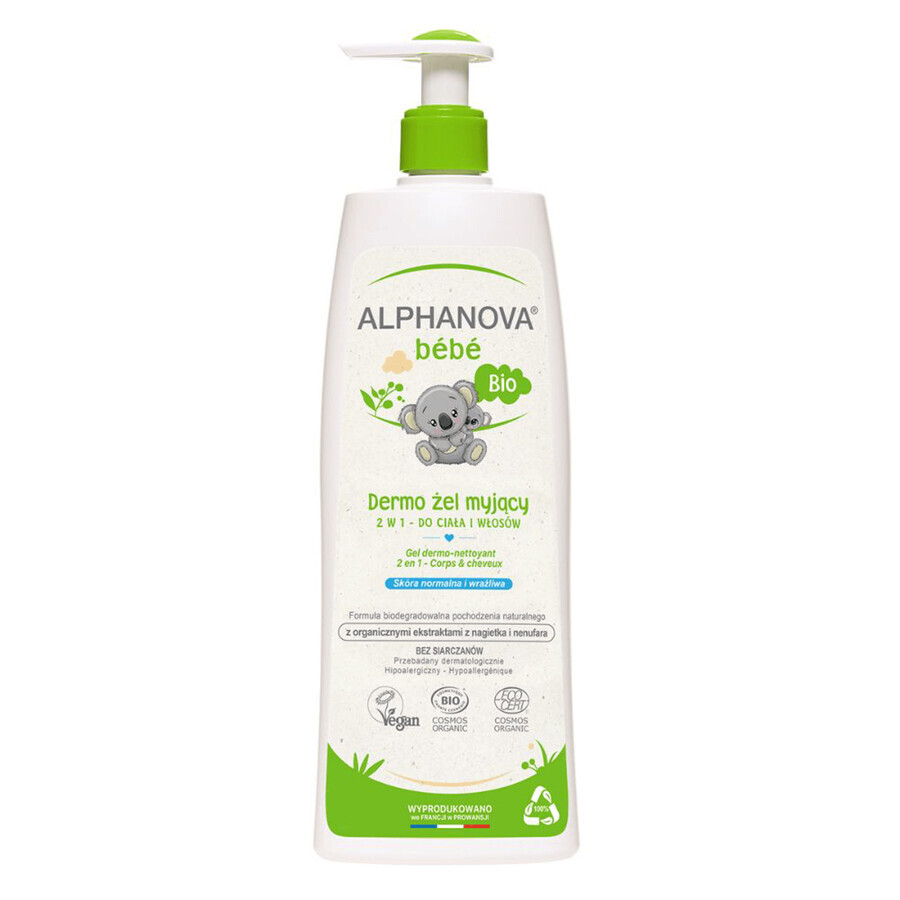 Alphanova Bebe, dermo-gel pentru spălarea corpului și părului, natural, cu pompă, 500 ml