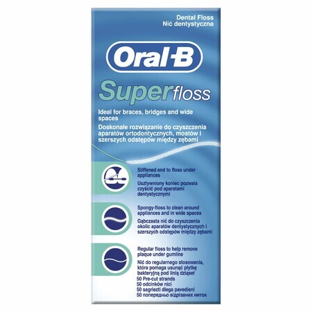 Oral-B Super Floss, Zahnseide zur Reinigung von kieferorthopädischen Geräten und Brücken, 50 Stück