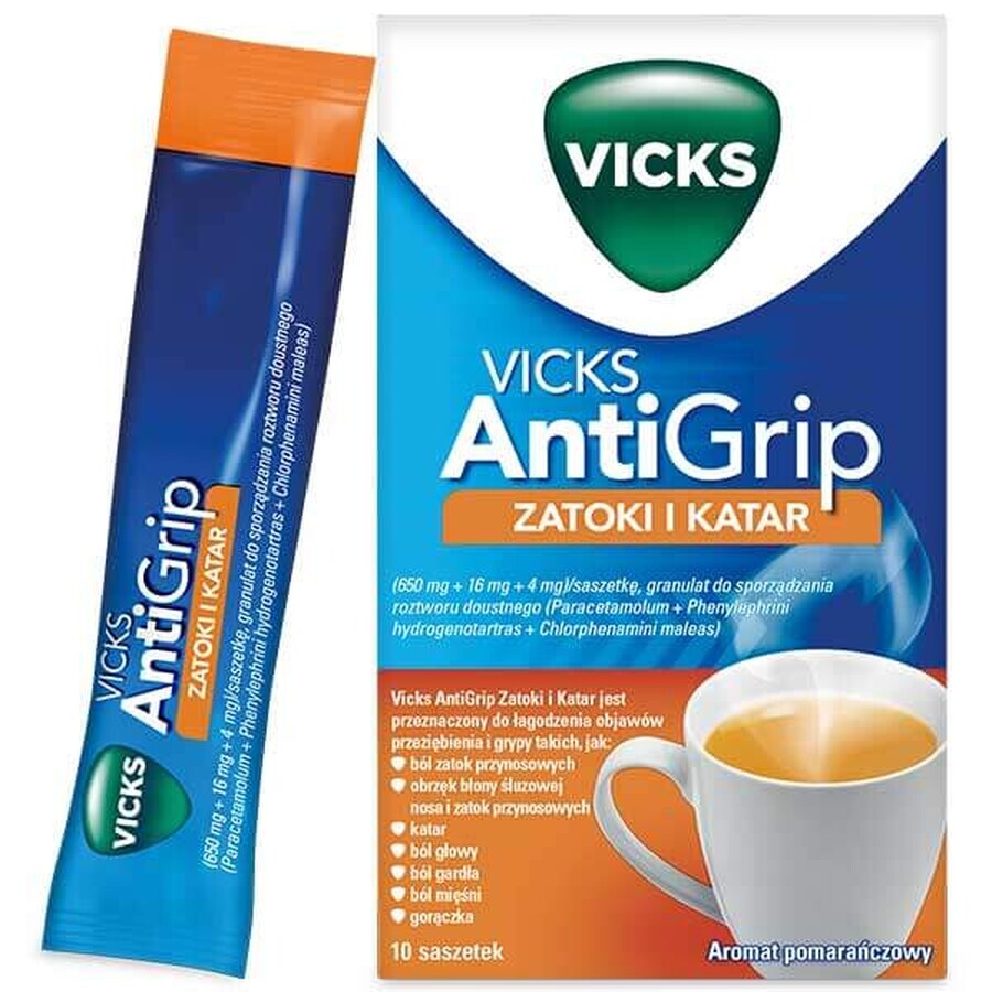 Vicks AntiGrip Zatoki i Katary 650 mg + 16 mg + 4 mg, Granulat für orale Lösung, 10 Beutel