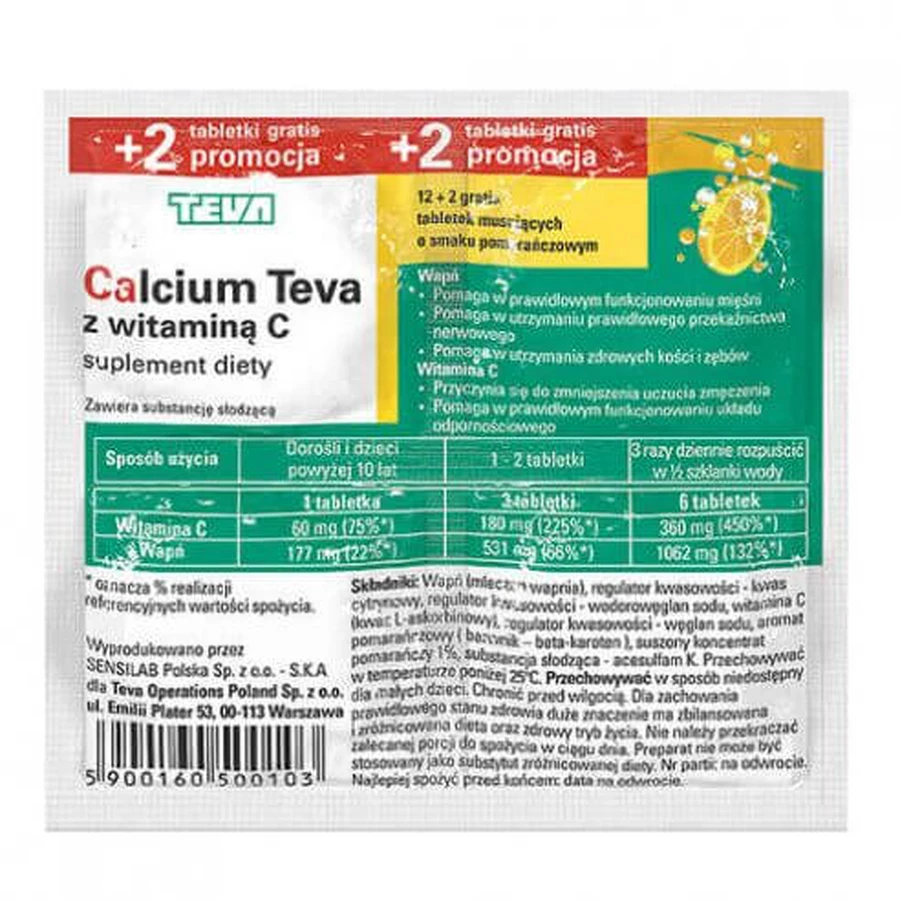 Calcium Teva with vitamin C, orange flavor, 14 effervescent tablets