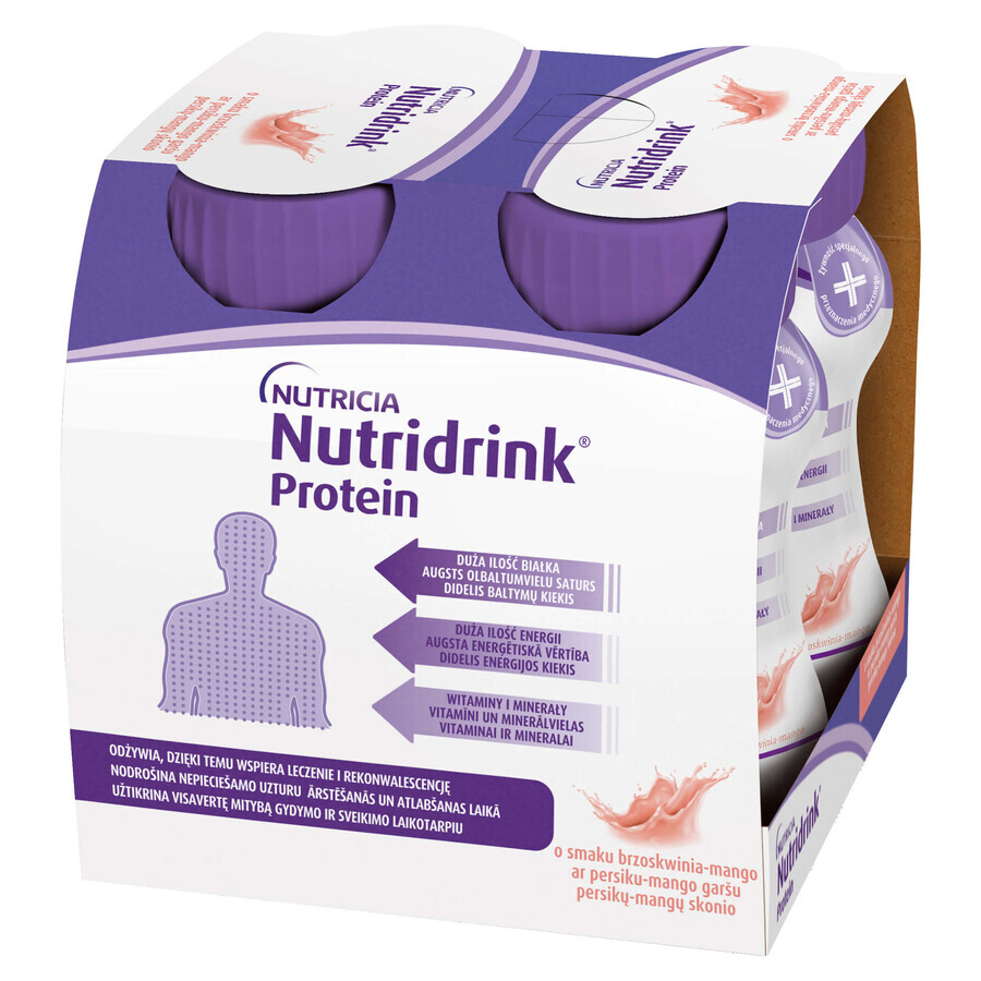 Nutridrink Protein, suplemento nutricional, sabor melocotón-mango, 4 x 125 ml