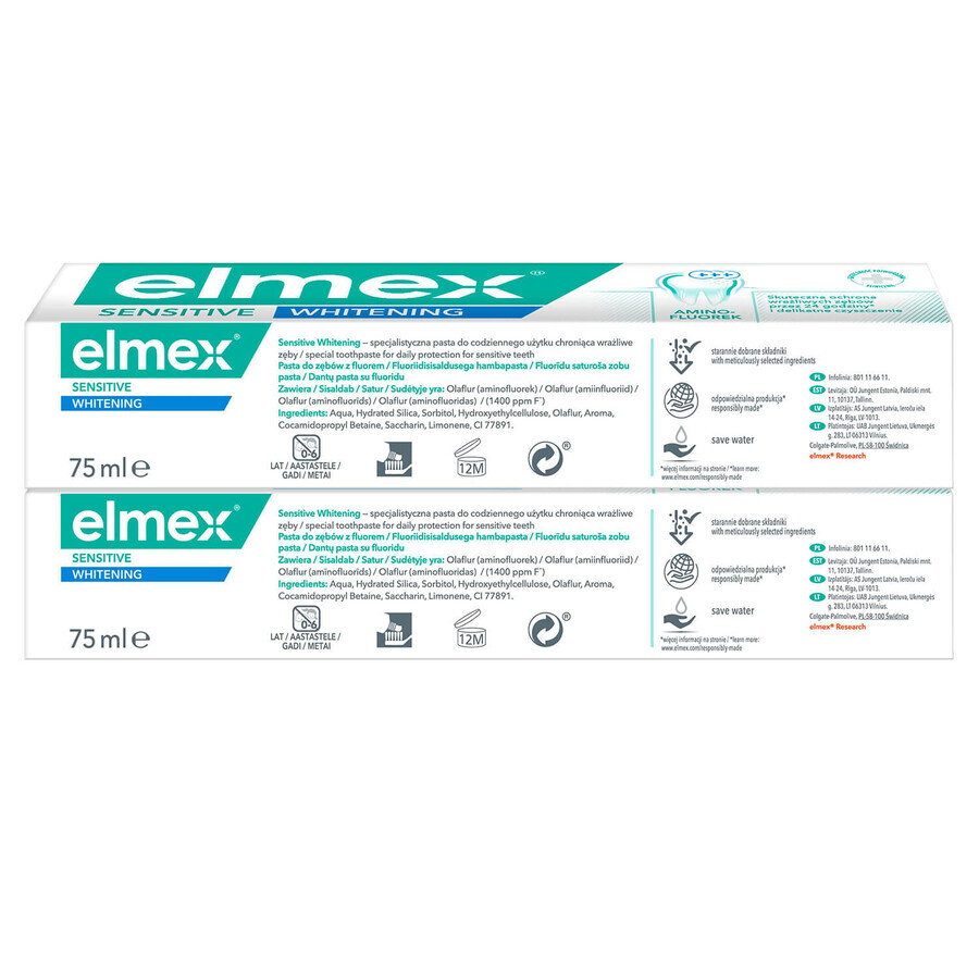 Elmex Sensitive Whitening dentifrice avec fluorure d'amines, 2 x 75 ml 