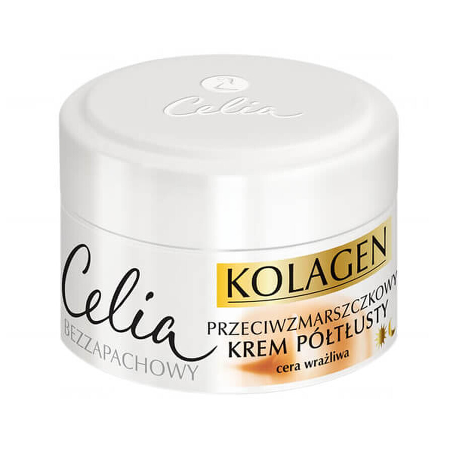 Celia Kolagen, collageen en geitenmelk, anti-rimpel halfvette crème, gevoelige huid, 50 ml