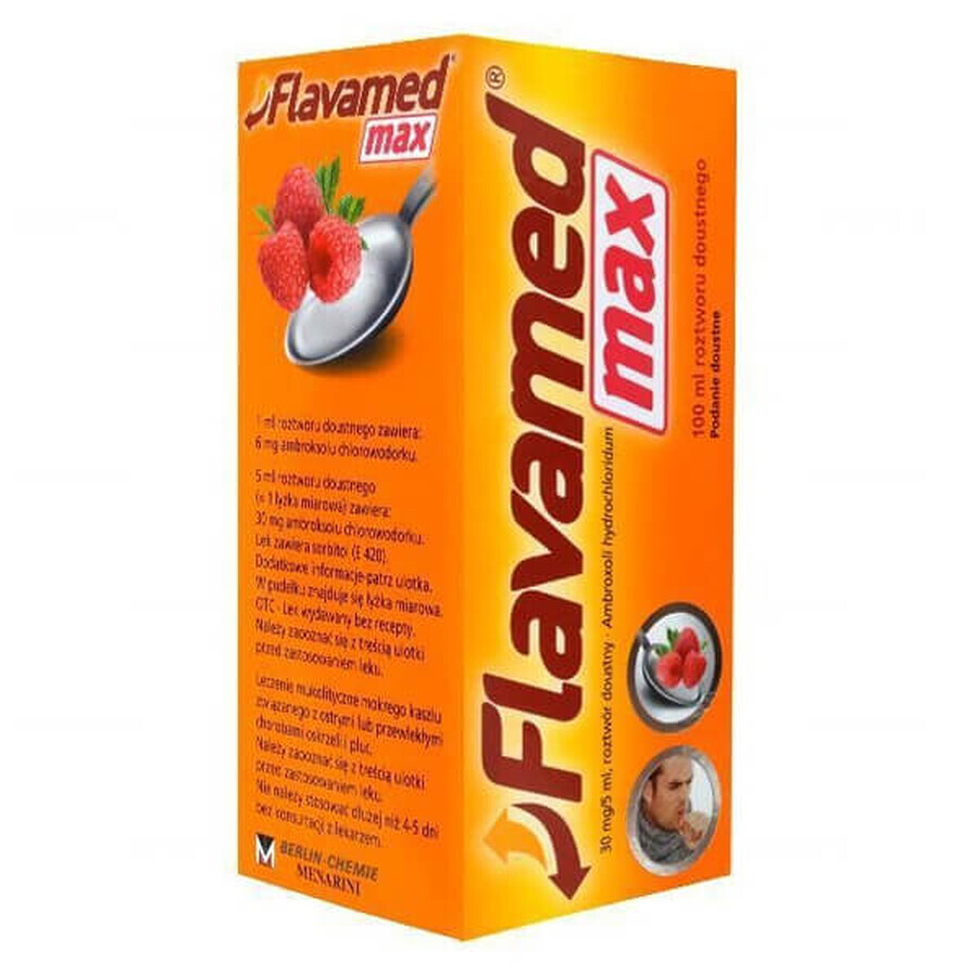 Flavamed Max 30 mg/5 ml, oral solution, raspberry flavor, 100 ml