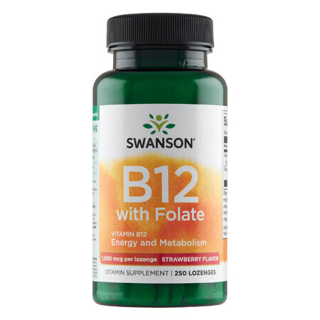 Swanson B-12 mit Folat, Vitamin B12 und Folsäure, Erdbeergeschmack, 250 Lutschtabletten