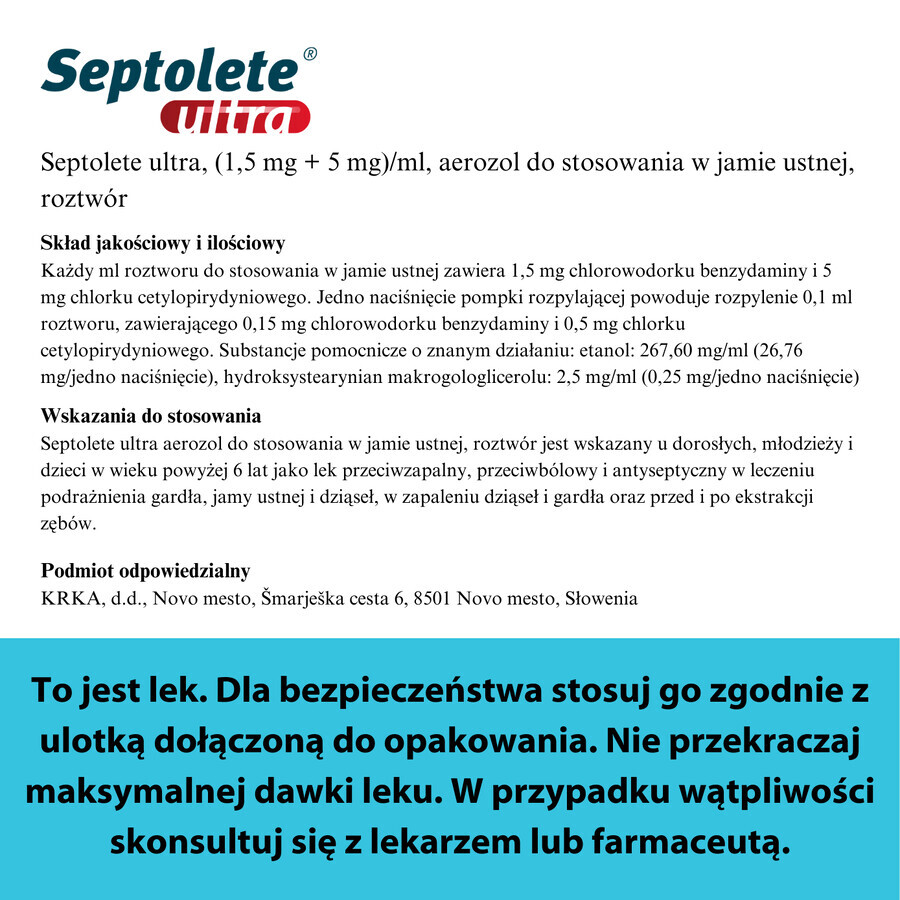 Septolete Ultra (1.5 mg + 5 mg)/ml, oral spray, solution, 30 ml