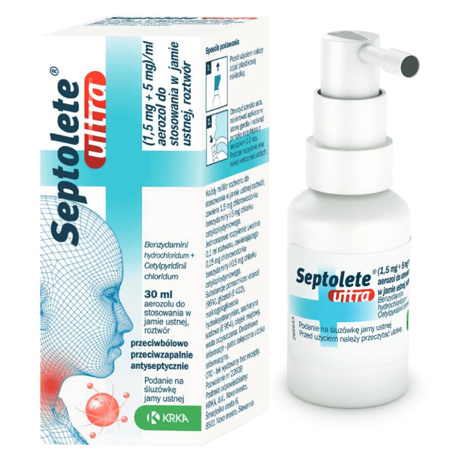 Septolete Ultra (1.5 mg + 5 mg)/ml, oral spray, solution, 30 ml