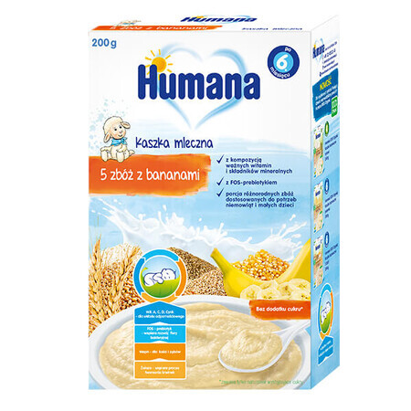 Humana Papilla de 5 cereales con plátano, leche, sin azúcares añadidos, a partir de 6 meses, 200 g