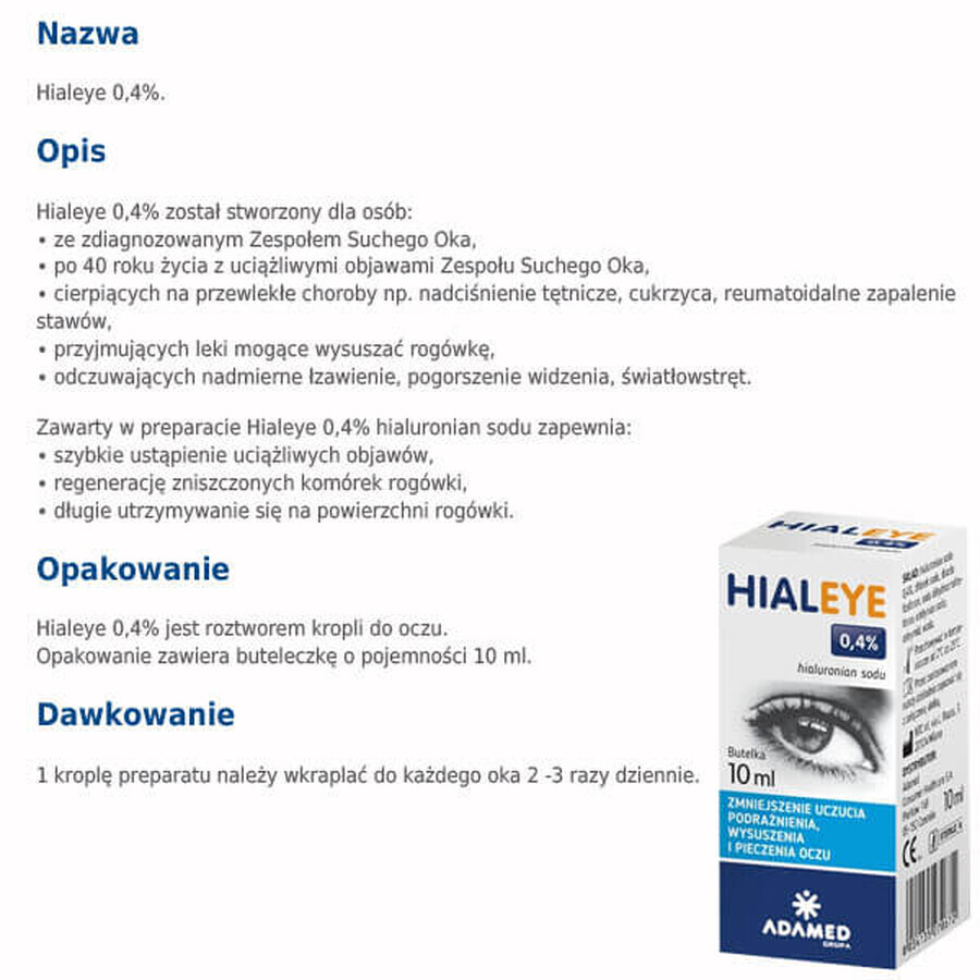 Hialeye 0,4%, befeuchtende Augentropfen, 10 ml