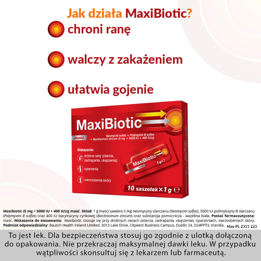 Maxibiotic (5 mg + 5000 IU + 400 IU)/g, ointment, 1 gx 10 sachets