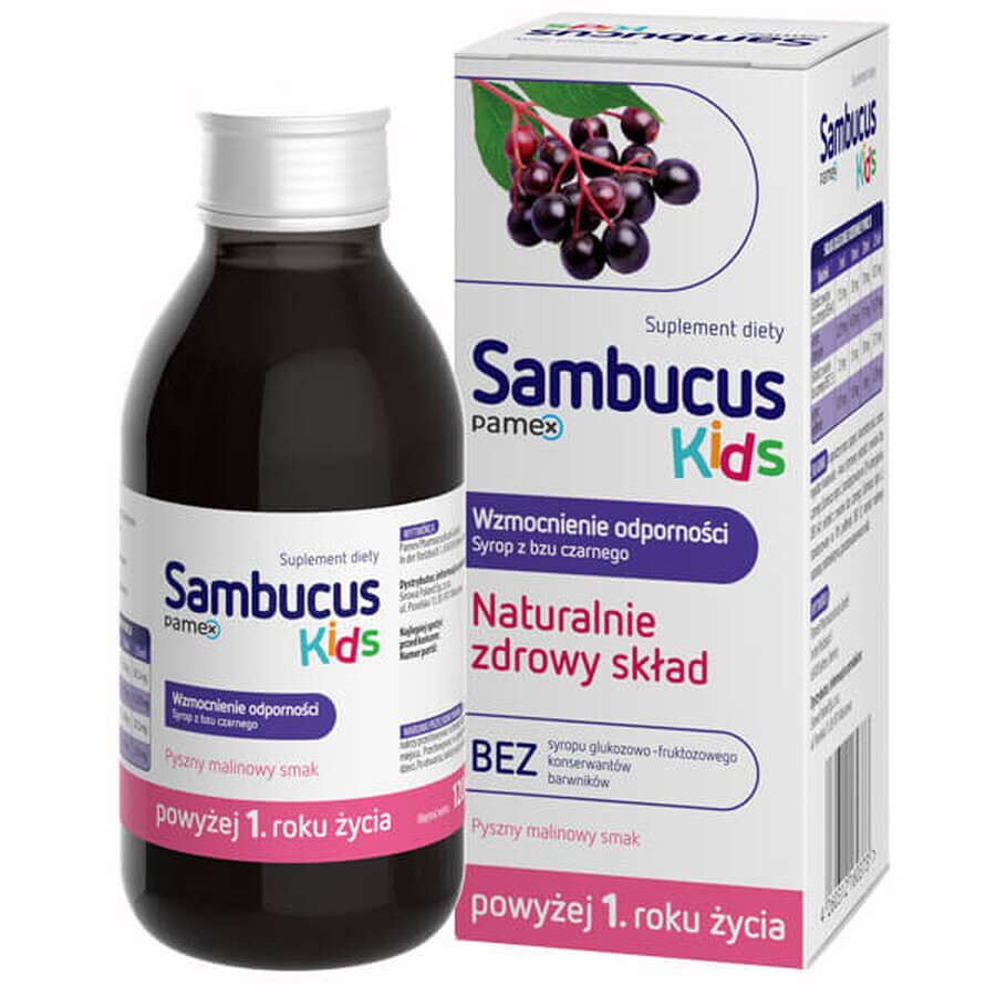 Sambucus Kids, syrup for children over 1 year old, raspberry flavor, 120 ml