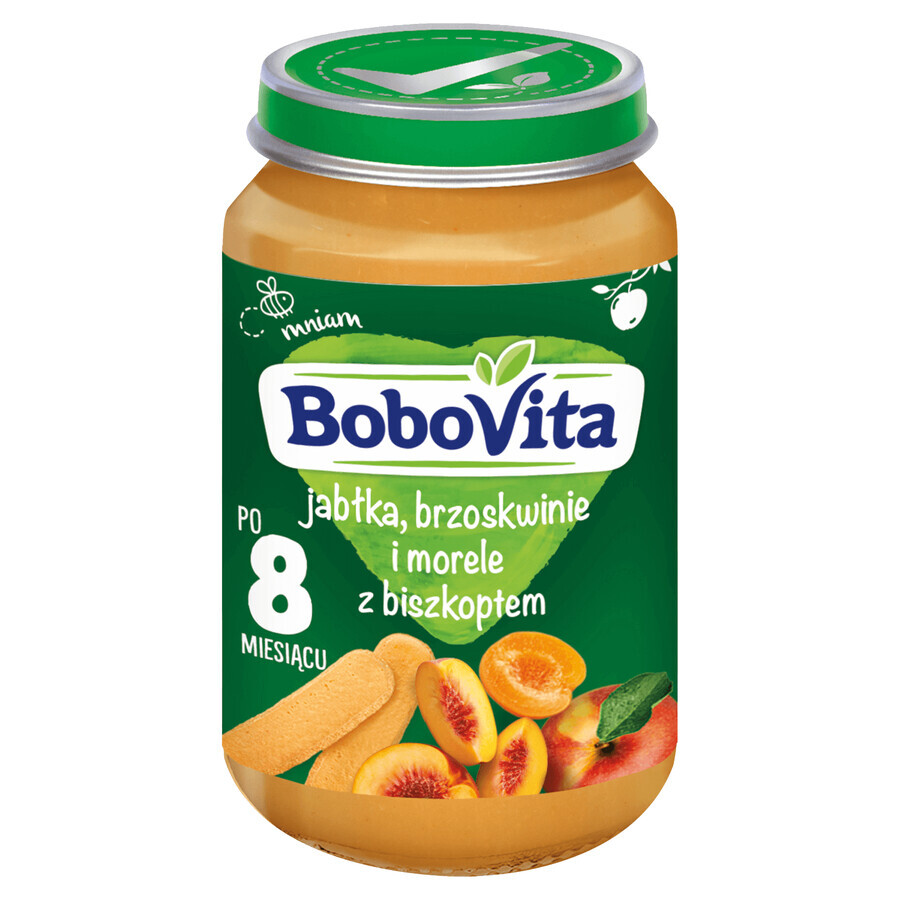 BoboVita Dessert, mele, albicocche e pesche con biscotto, dopo 8 mesi, 190 g