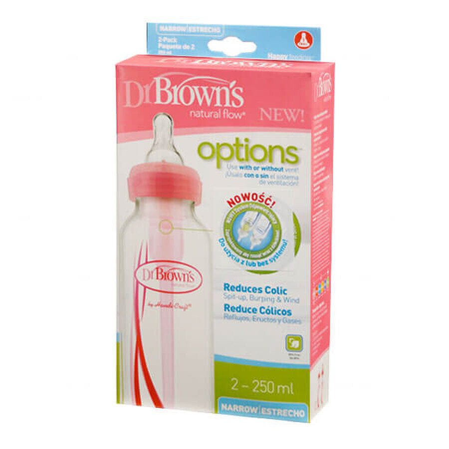 Dr Brown&#39;s, biberón, opciones estándar con tetina n° 1, rosa, 2 x 250 ml