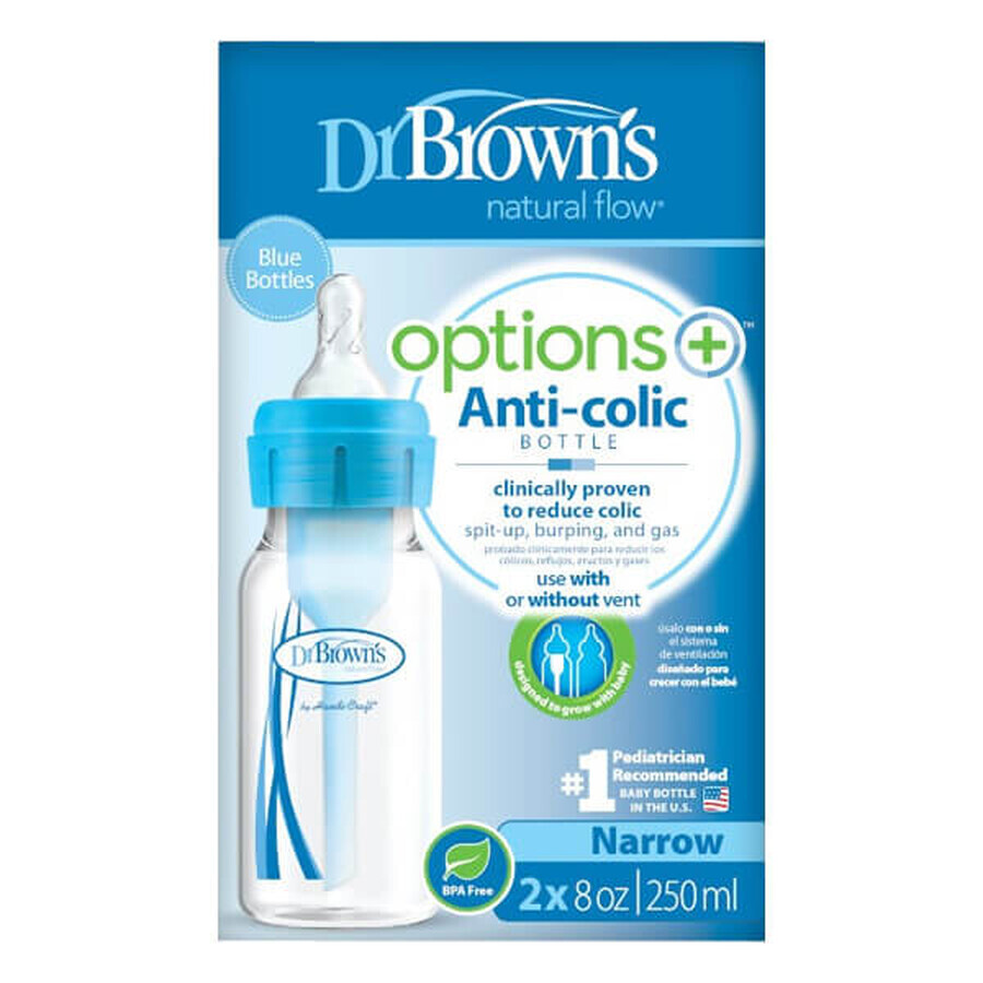 Dr Brown's Options+, Biberon standard anti-colic cu gât îngust și tetină de mărimea 1, albastru, de la naștere, 2 x 250 ml