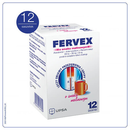 Fervex 500 mg + 200 mg + 25 mg, Granulat zum Einnehmen, Himbeergeschmack, 12 Beutel