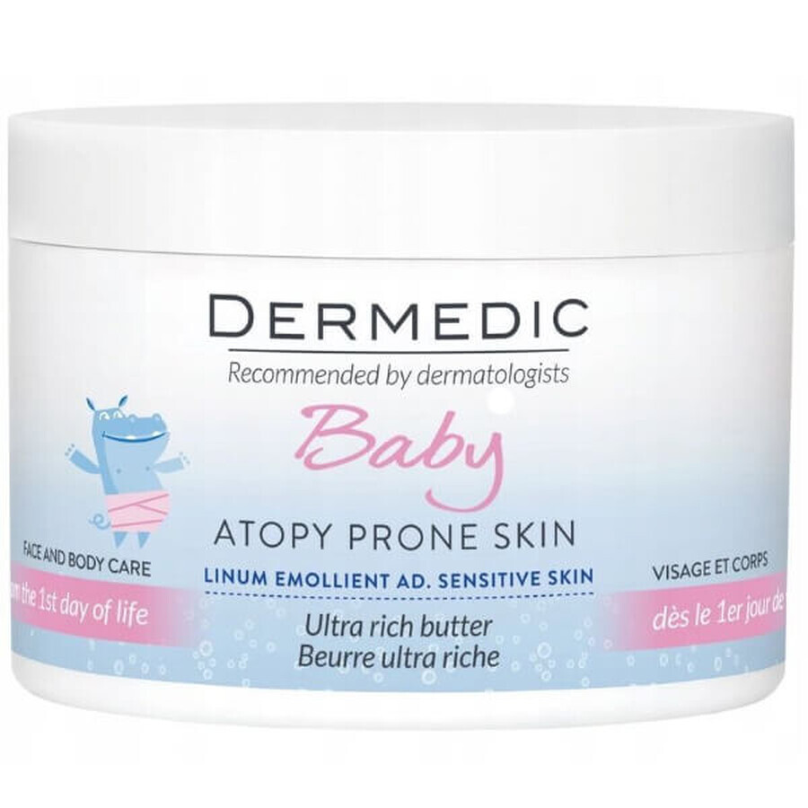 Dermedic Linum Emolient Baby, manteca hidratante intensiva para rostro y cuerpo desde el 1er día de vida, pieles secas, muy secas y atópicas, 225 g