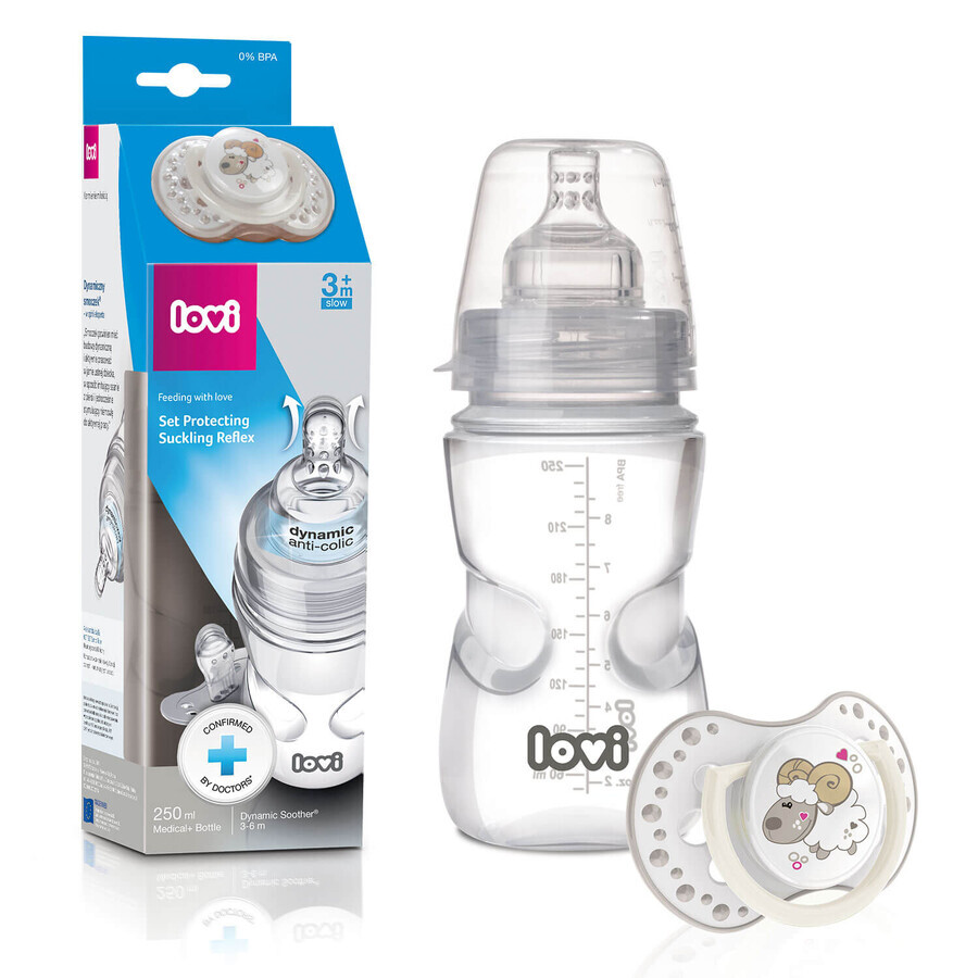 Lovi Medical+ set, biberon anti-colique avec tétine dynamique, bouillie, à partir de 6 mois, 250 ml + sucette, 3-6 mois