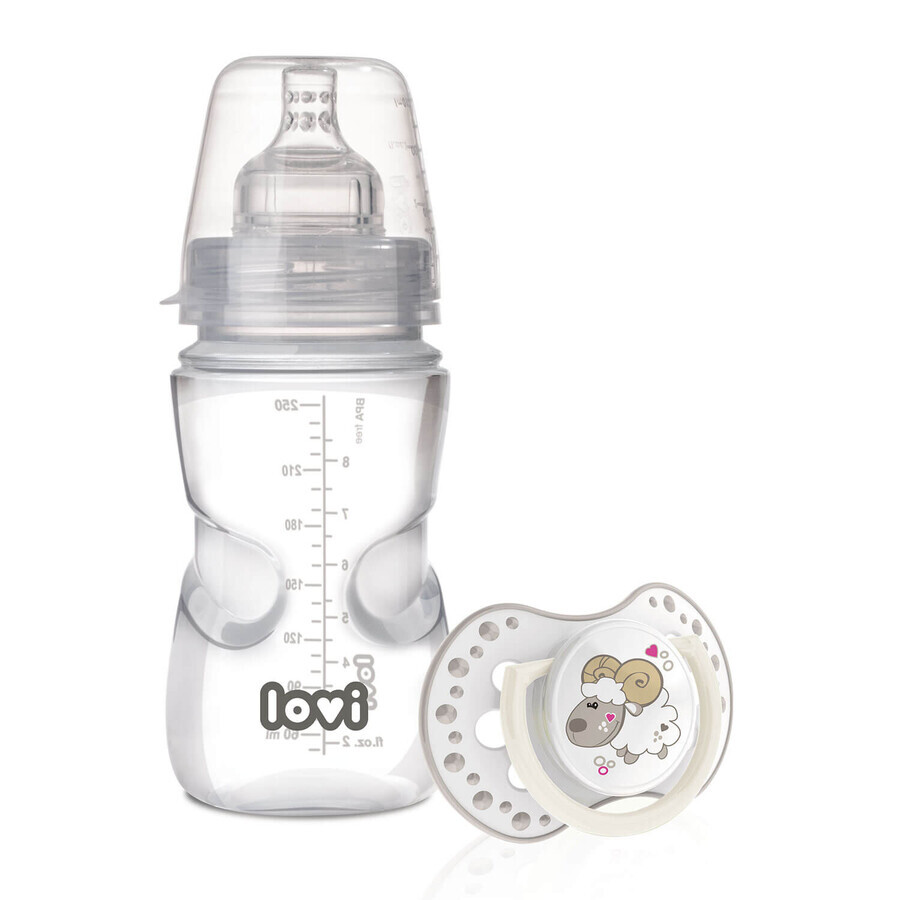 Lovi Medical+ set, biberon anti-colique avec tétine dynamique, bouillie, à partir de 6 mois, 250 ml + sucette, 3-6 mois