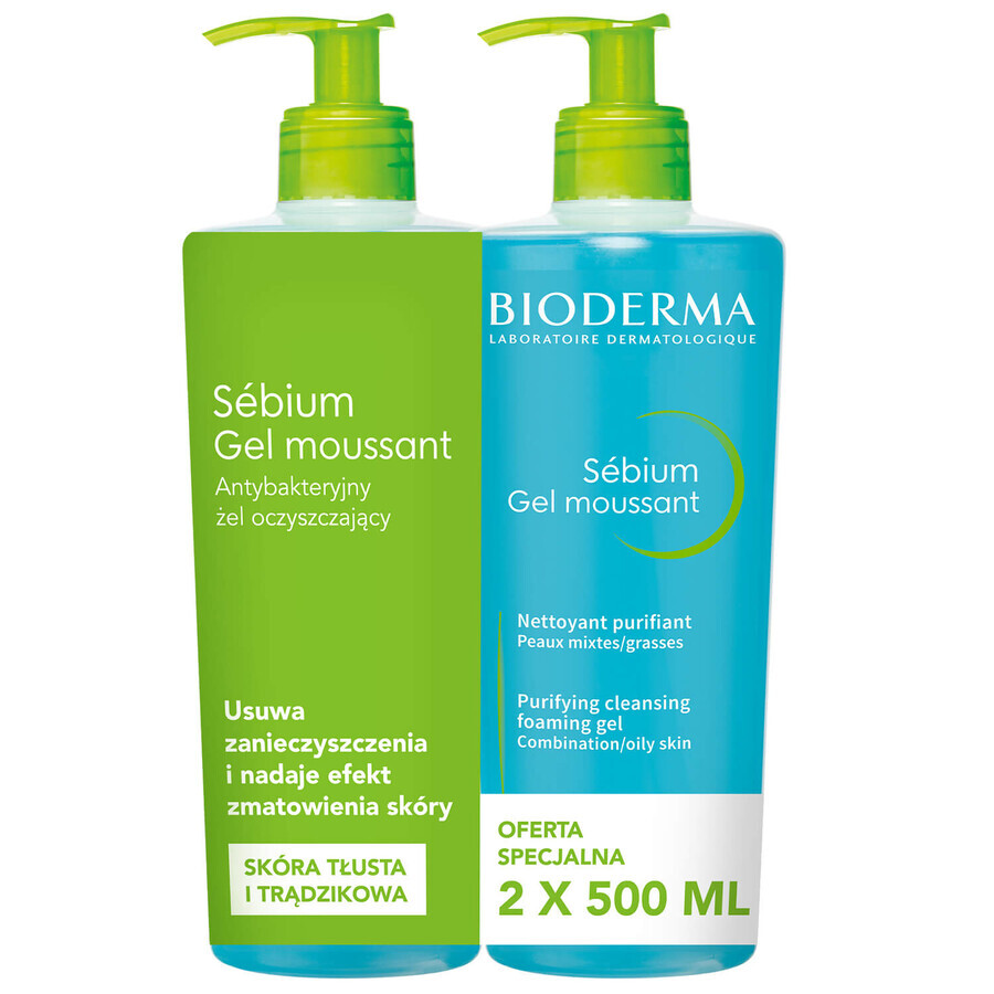 Bioderma Sebium Gel Moussant, antibacterial facial cleansing gel, 2 x 500 ml