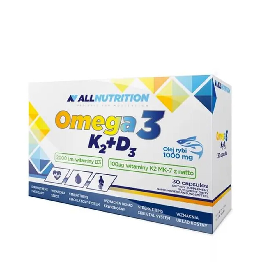 Allnutrition Omega 3 K2 + D3, Fischöl 1000 mg + Vitamin K 100 µg + Vitamin D 2000 IU, 30 Kapseln