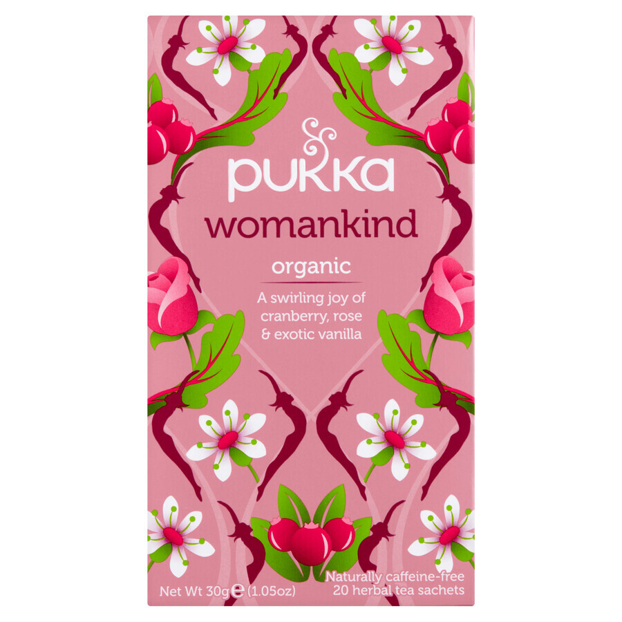 Pukka Womankind Organic, tisana alla frutta e alle erbe, mirtillo rosso e rosa, aromatizzata, 1,5 g x 20 bustine