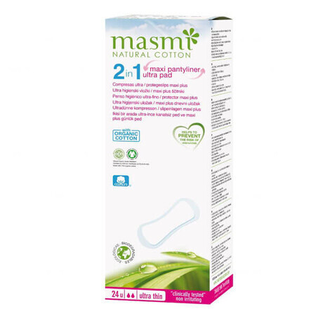 Masmi Natural Cotton, Organic Cotton Sanitary Napkins, 2in1 Soft, Ultra-Absorbent, 24 Pieces