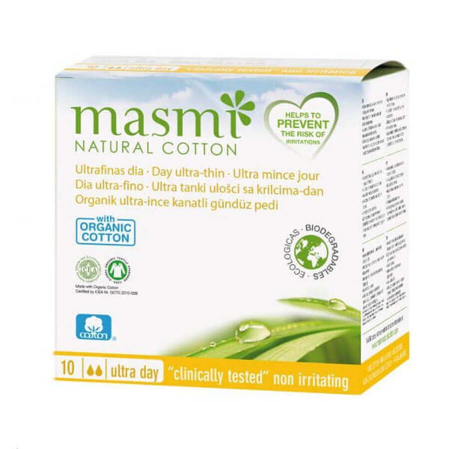 Masmi Natural Cotton, Damenbinden aus Bio-Baumwolle, mit Flügeln, tagsüber, hauchdünn, 10 Stück