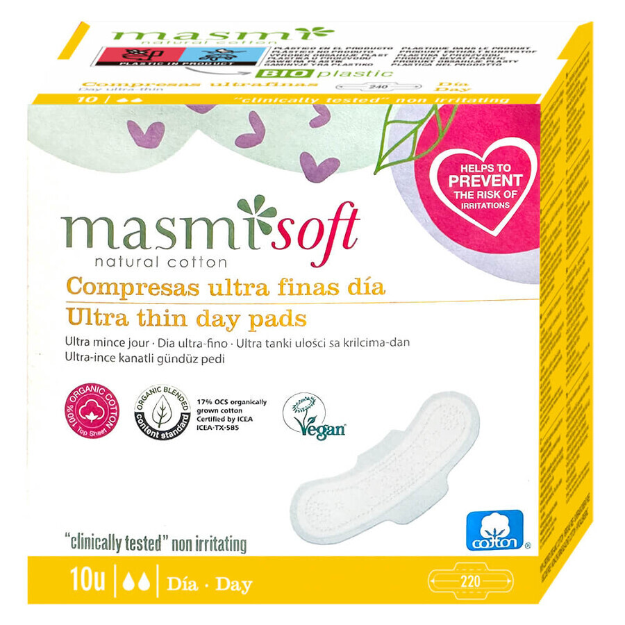 Masmi Natural Cotton Soft, Damenbinden aus Bio-Baumwolle, mit Flügeln, tagsüber, hauchdünn, 10 Stück