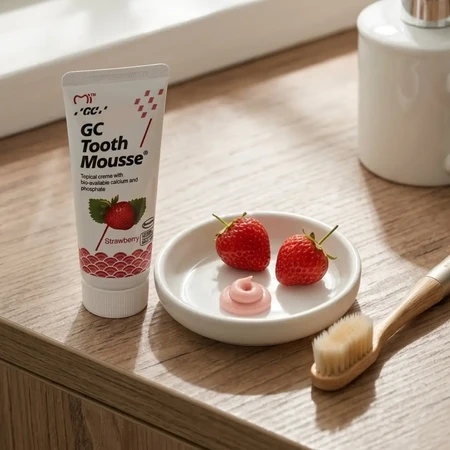 GC Tandmousse, lokale pasta, aardbeiensmaak, fluoridevrij, 35 ml