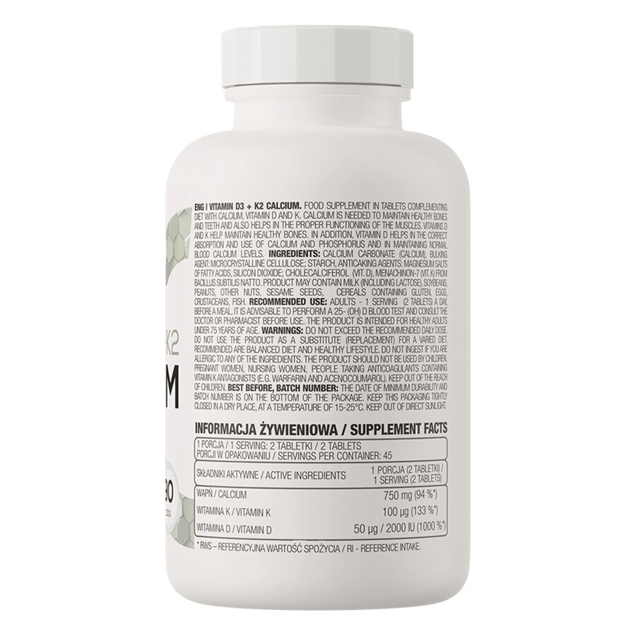 OstroVit Vitamine D3 + K2 Calcium, 90 comprimés