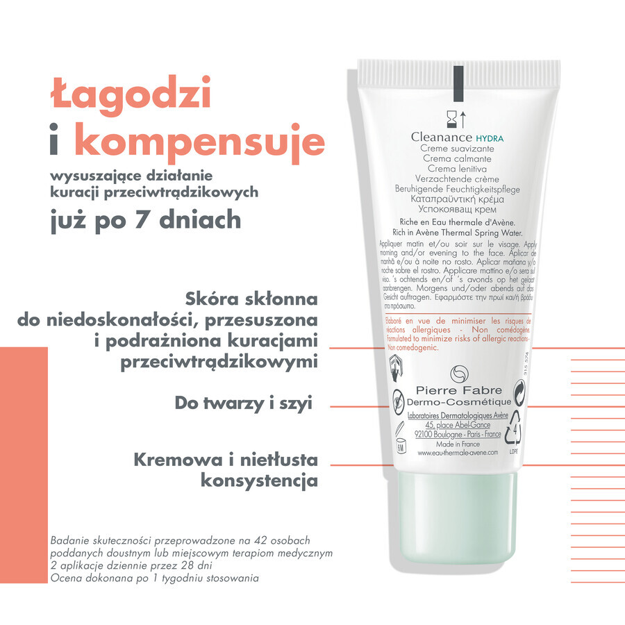 Avene Cleanance Hydra, beruhigende Creme für Gesicht und Körper nach pharmakologischen Behandlungen, 40 ml