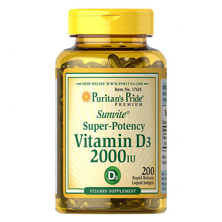 Puritans Pride, Vitamina D3 2000 UI, 200 capsule