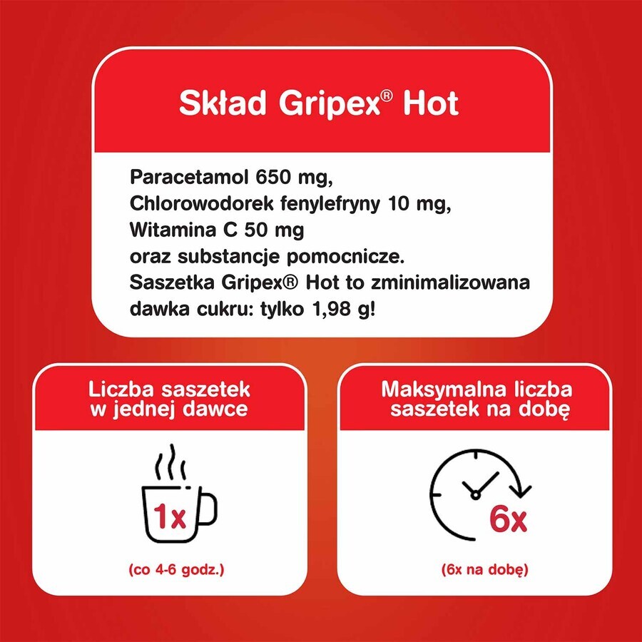 Gripex Hot 650 mg + 50 mg + 10 mg, powder for oral solution, 8 sachets