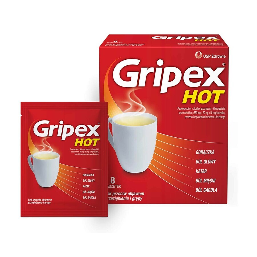 Gripex Hot 650 mg + 50 mg + 10 mg, powder for oral solution, 8 sachets