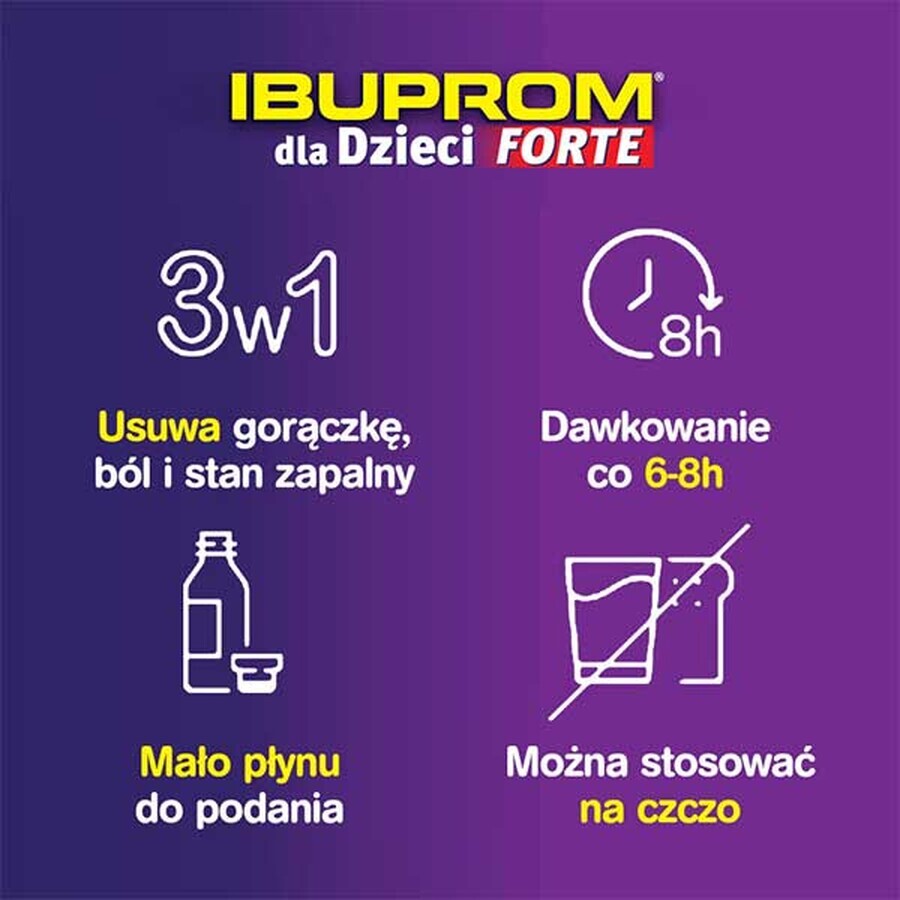 Ibuprom for children Forte 200 mg/ 5ml, oral suspension from 3 months, strawberry flavor, 100 ml