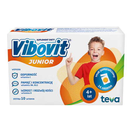 Vibovit Junior, pentru copii cu vârsta cuprinsă între 4-12 ani, aromă de portocale, 14 pliculețe