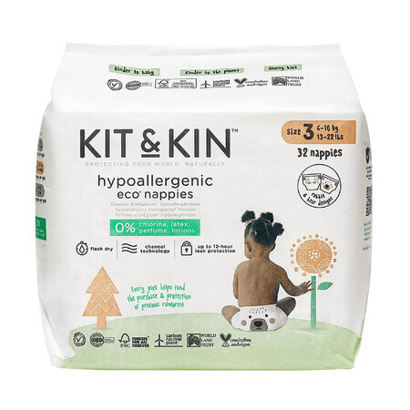 Kit&amp;Kin, pañales desechables, biodegradables, talla 3, 6 -10 kg, 32 piezas