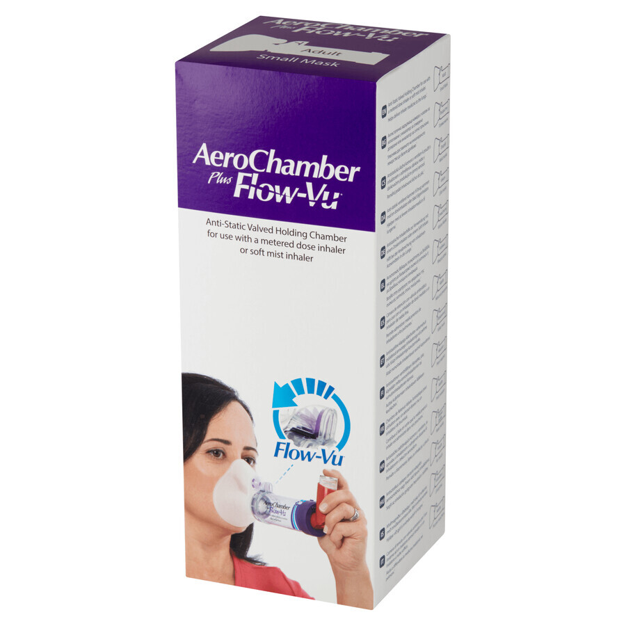 AeroChamber Plus Flow-Vu, cameră de inhalare cu mască pentru adulți și copii de la 5 ani, Mic, 1 buc